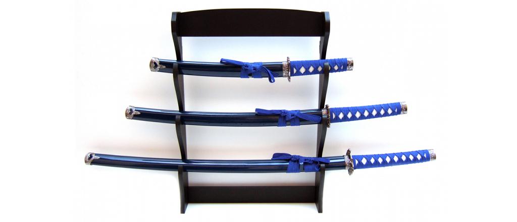4-teiliges Samurai-Schwerter-Set, blau mit Wandhalterung 1